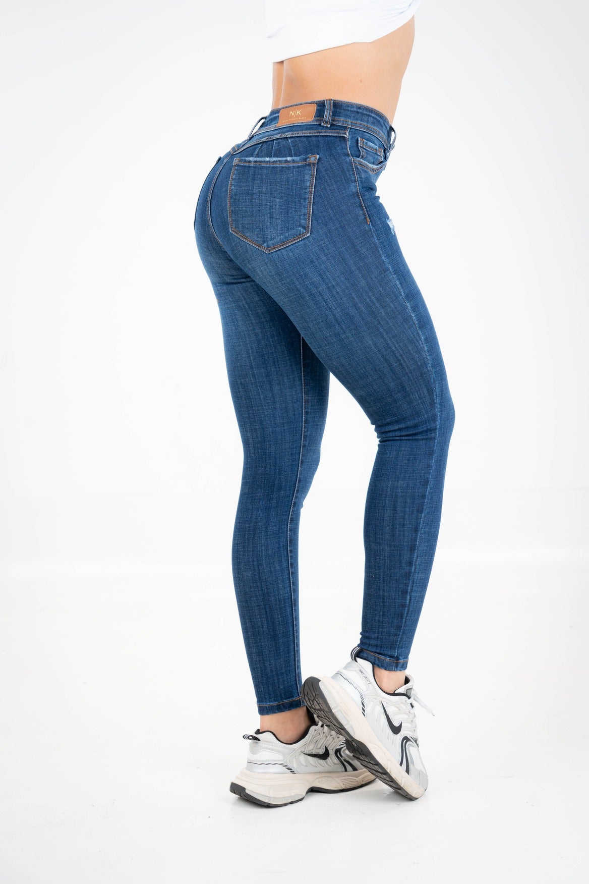 Jean Skinny Tiro Alto, Azul Medio Vibrante, Detalles de Desgaste Localizado