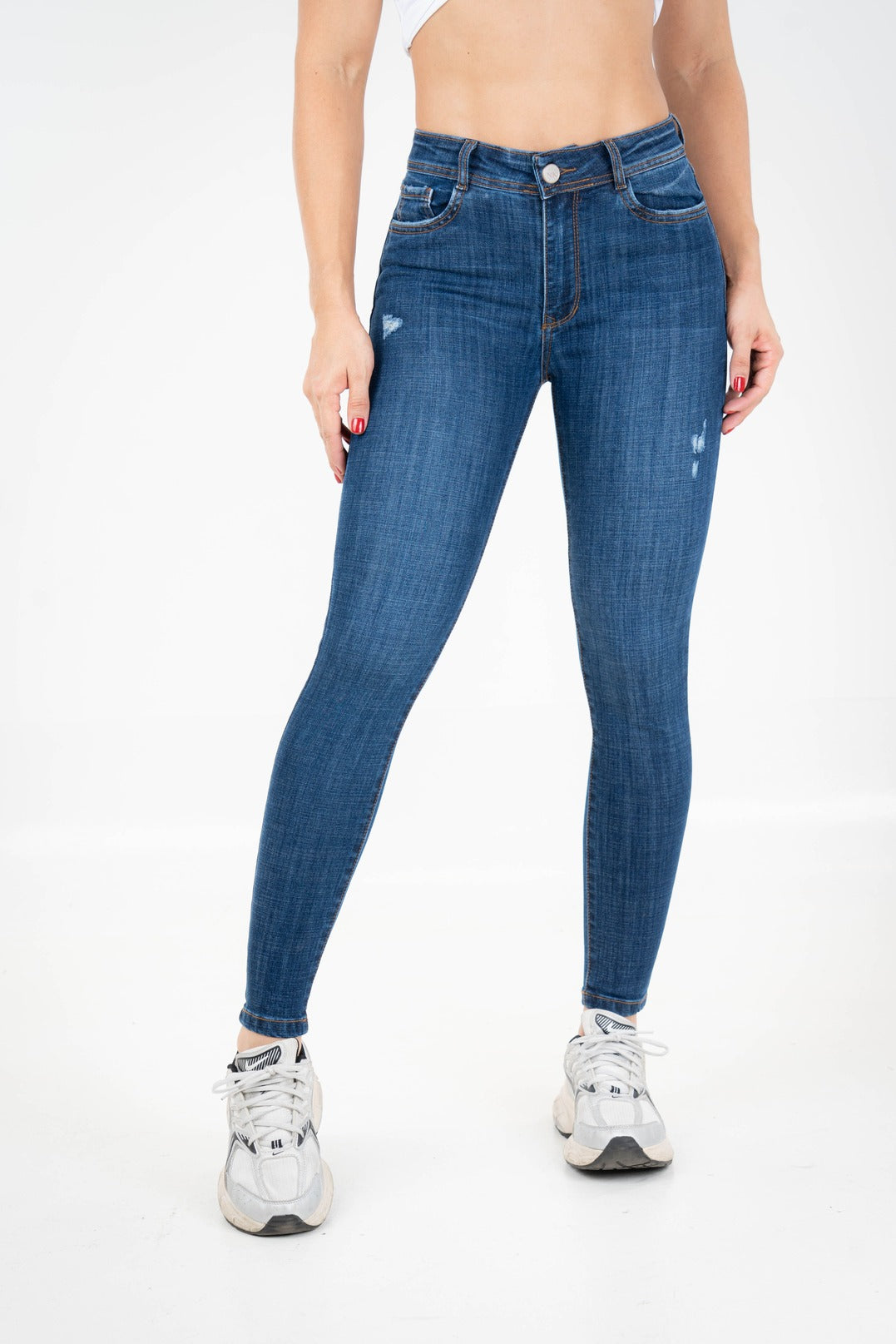 Jean Skinny Tiro Alto, Azul Medio Vibrante, Detalles de Desgaste Localizado
