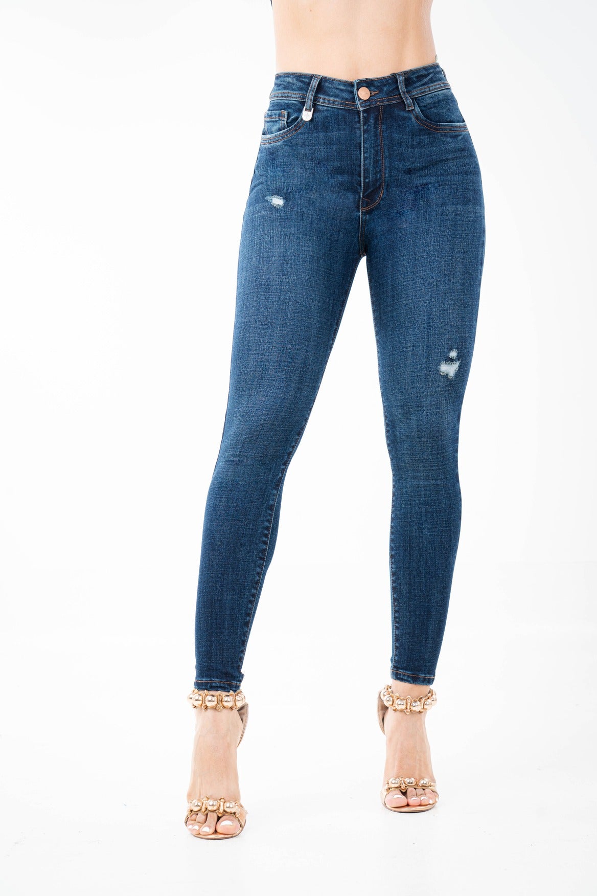 Jean Skinny Tiro Alto, Azul Índigo, Sutiles Detalles Distressed
