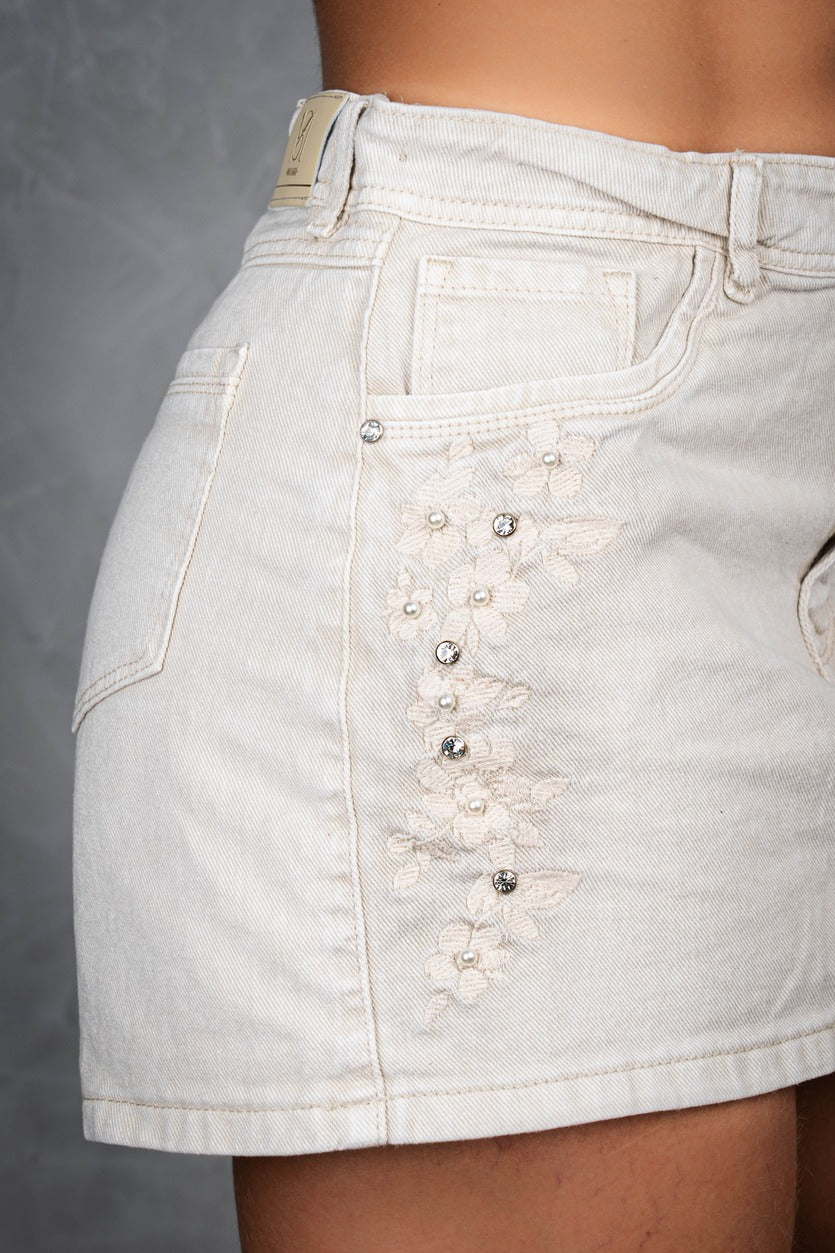 Falda Denim Floral Beige