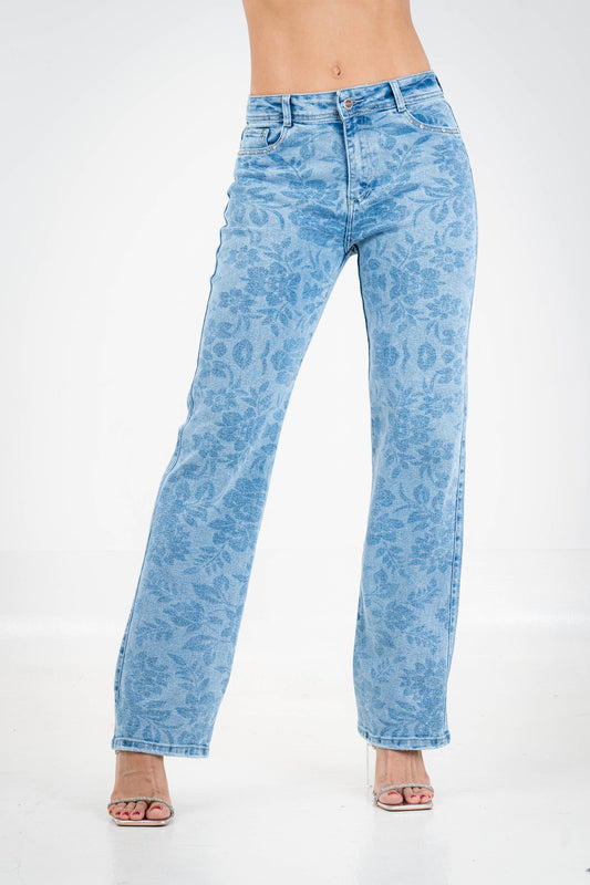 Jean Straight Leg Floral Láser
