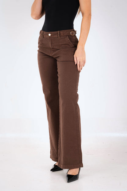 Jean Wide Leg Chocolate Rígido Ajuste Lateral