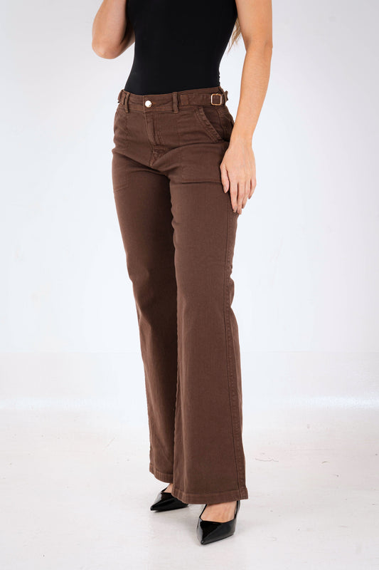 Jean Wide Leg Chocolate Rígido Ajuste Lateral