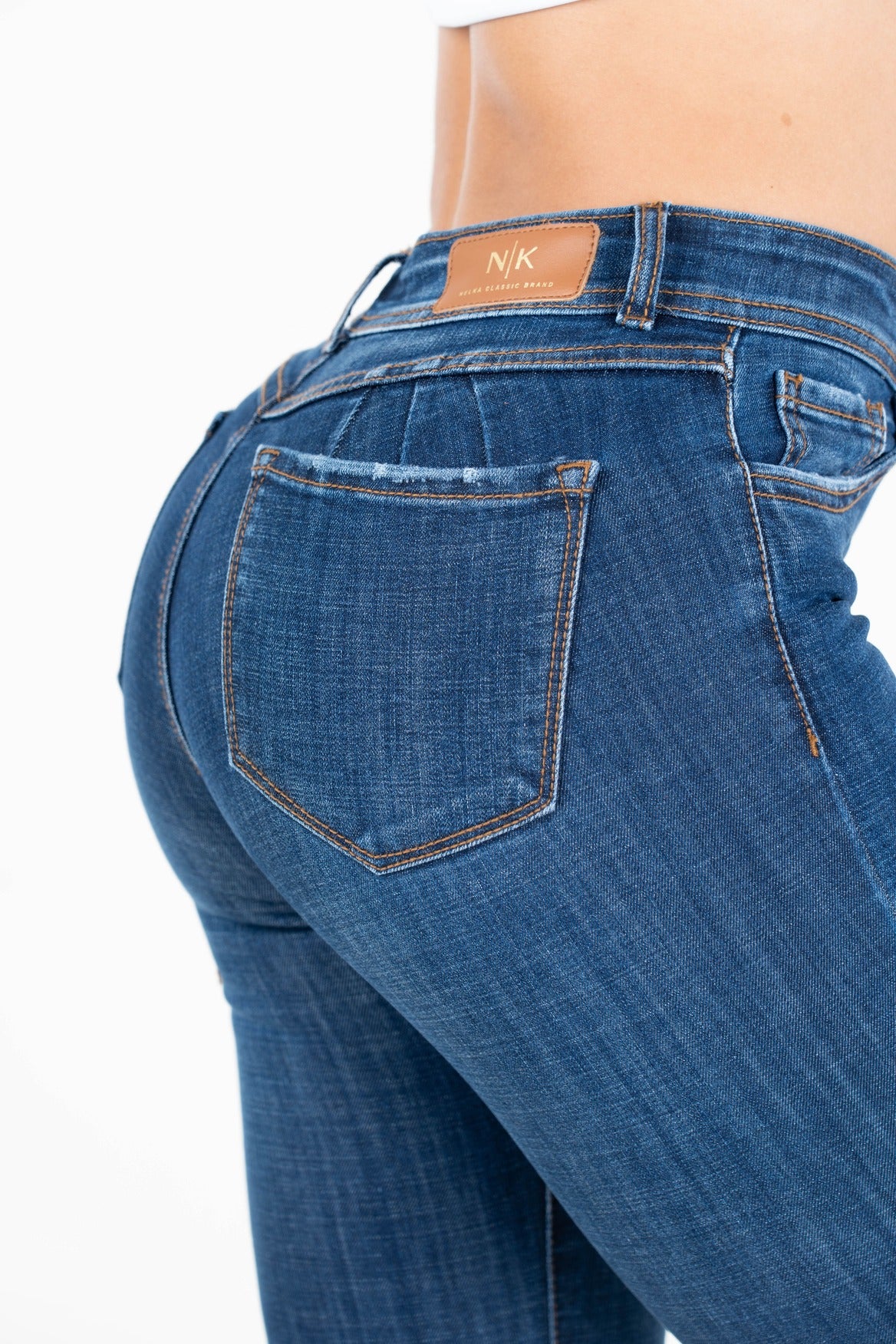 Jean Skinny Tiro Alto, Azul Medio Vibrante, Detalles de Desgaste Localizado