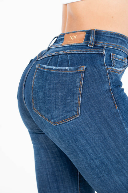 Jean Skinny Tiro Alto, Azul Medio Vibrante, Detalles de Desgaste Localizado