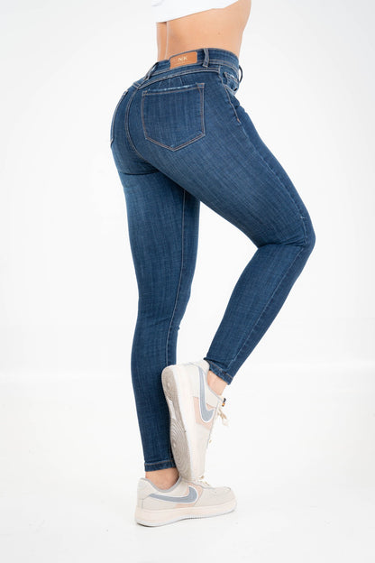 Jeans Skinny Tiro Alto, Azul Índigo Intenso, Ligeros Desgastes