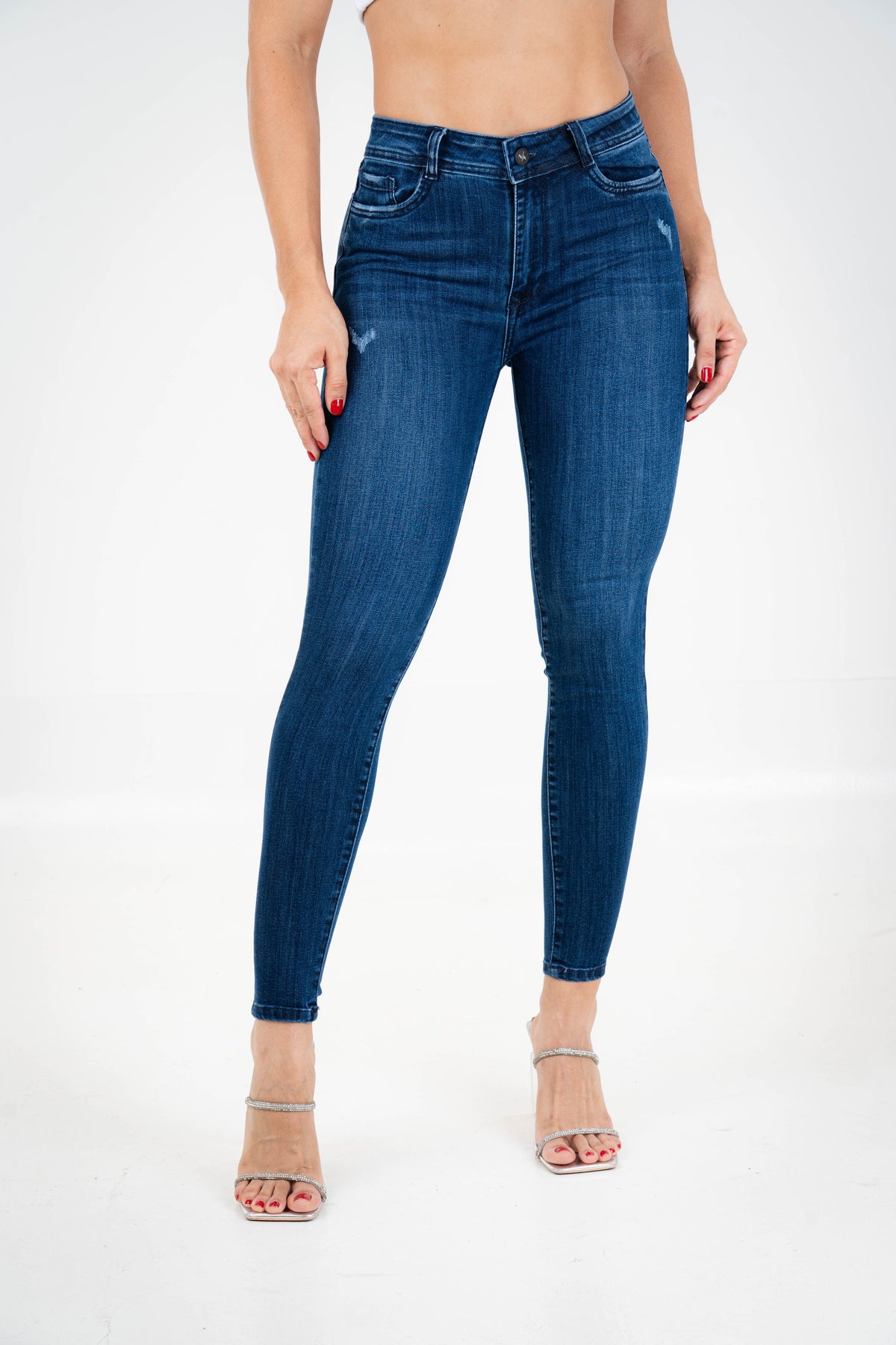 Jean Skinny Tiro Alto, Azul Profundo, Efecto Deslavado