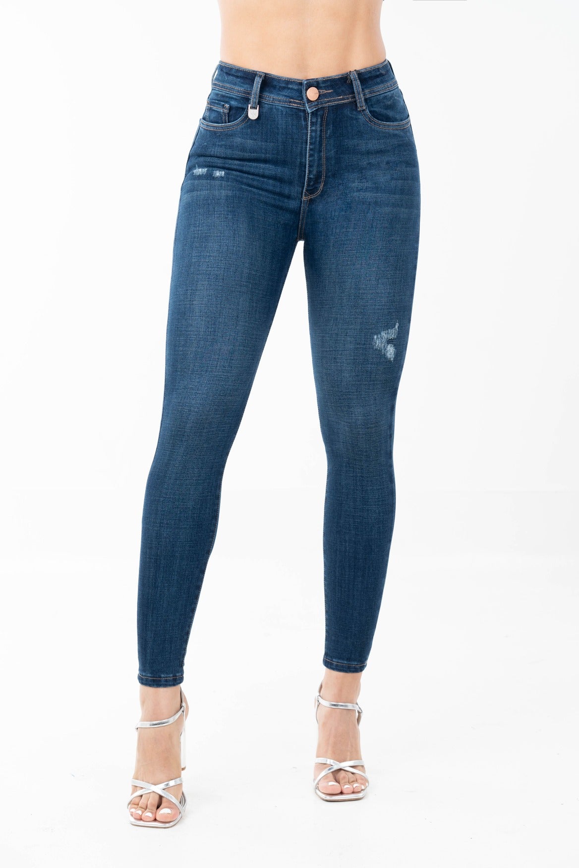 Jean Skinny Tiro Alto, Azul Oscuro, Leves Rasgaduras