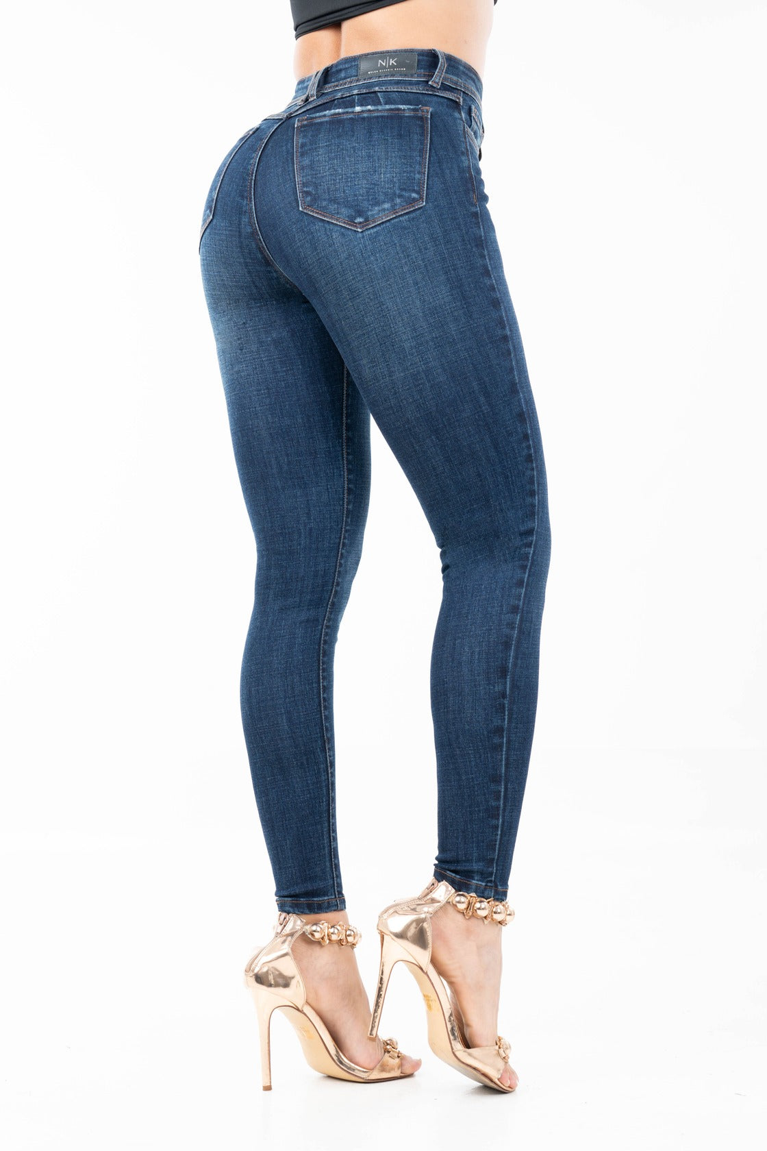 Jean Skinny Tiro Alto, Azul Índigo, Sutiles Detalles Distressed
