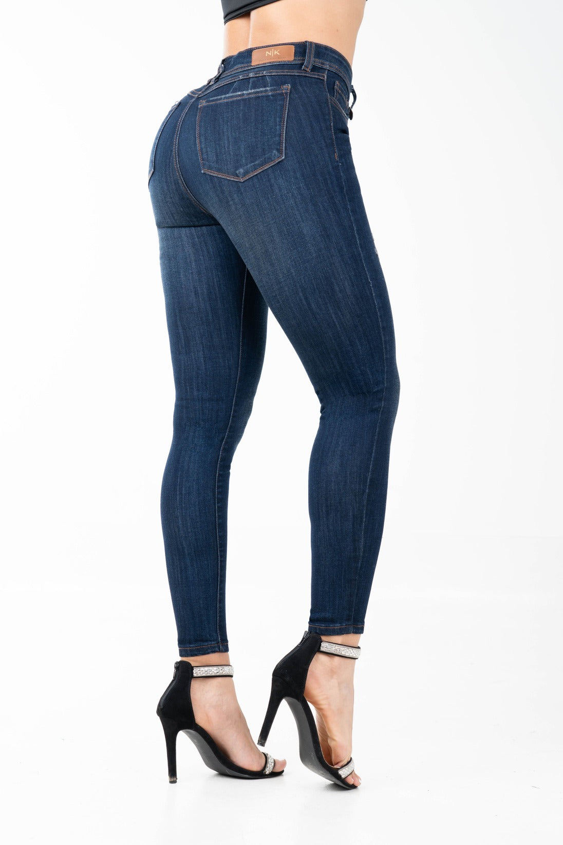 Jean Skinny Tiro Alto, Azul Clásico, Detalle Desgastado
