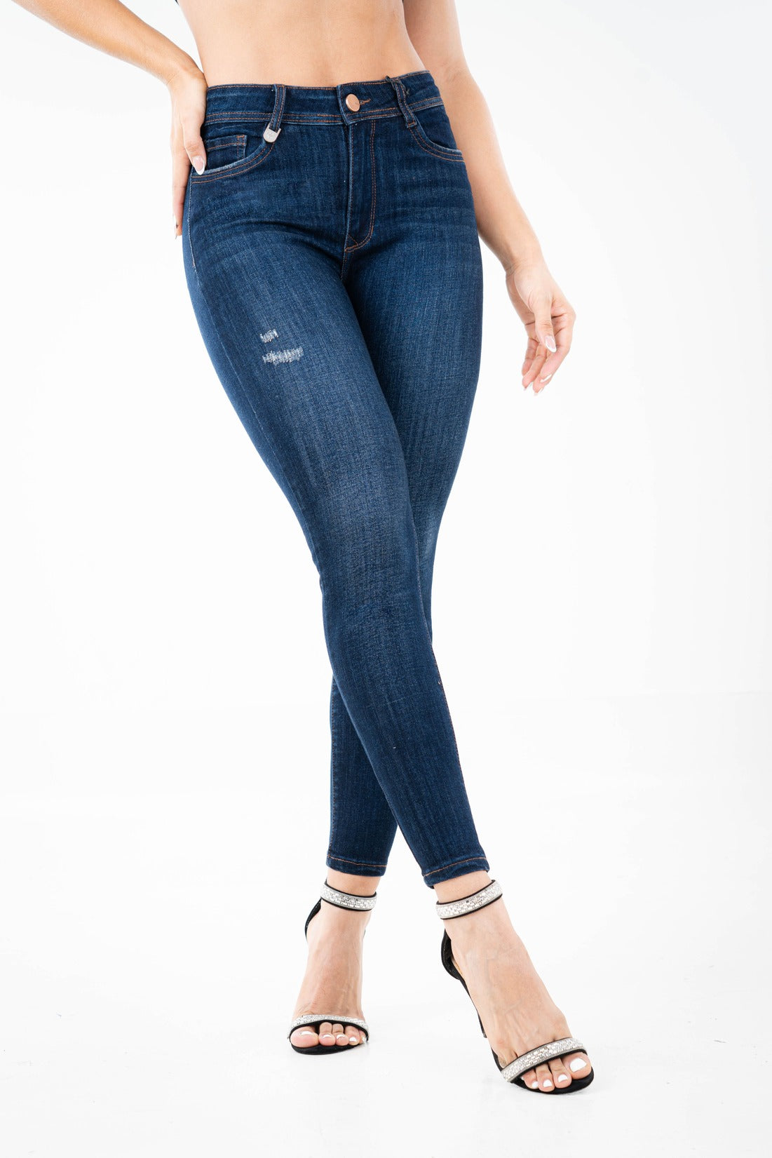 Jean Skinny Tiro Alto, Azul Clásico, Detalle Desgastado