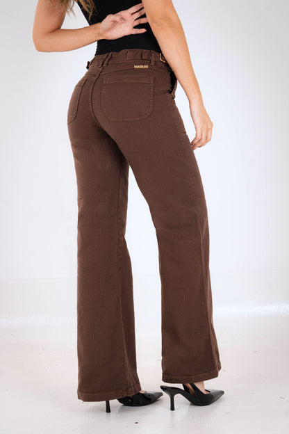 Jean Wide Leg Chocolate Rígido Ajuste Lateral