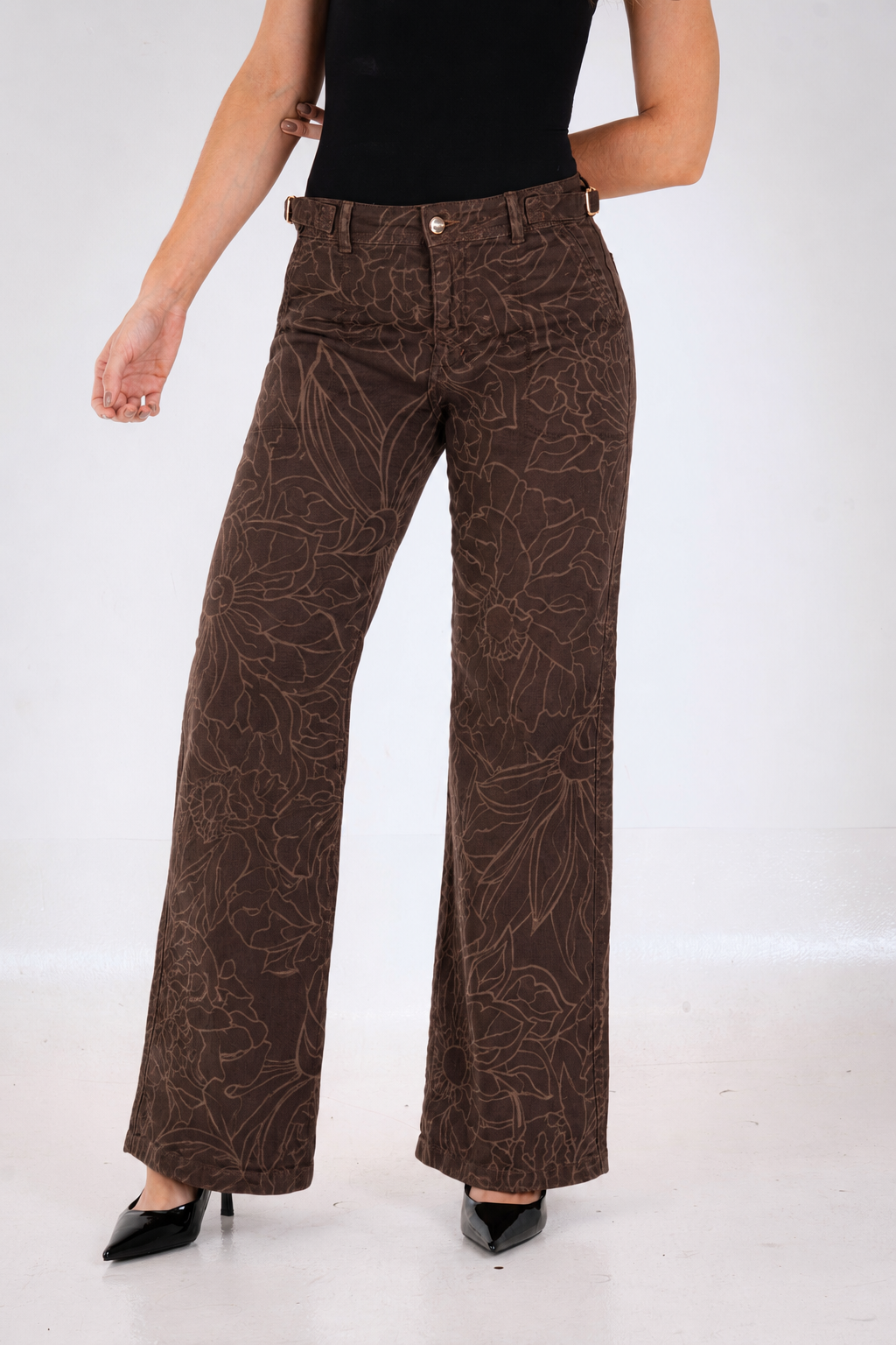 Jean Wide Leg Laser Floral Chocolate Rígido